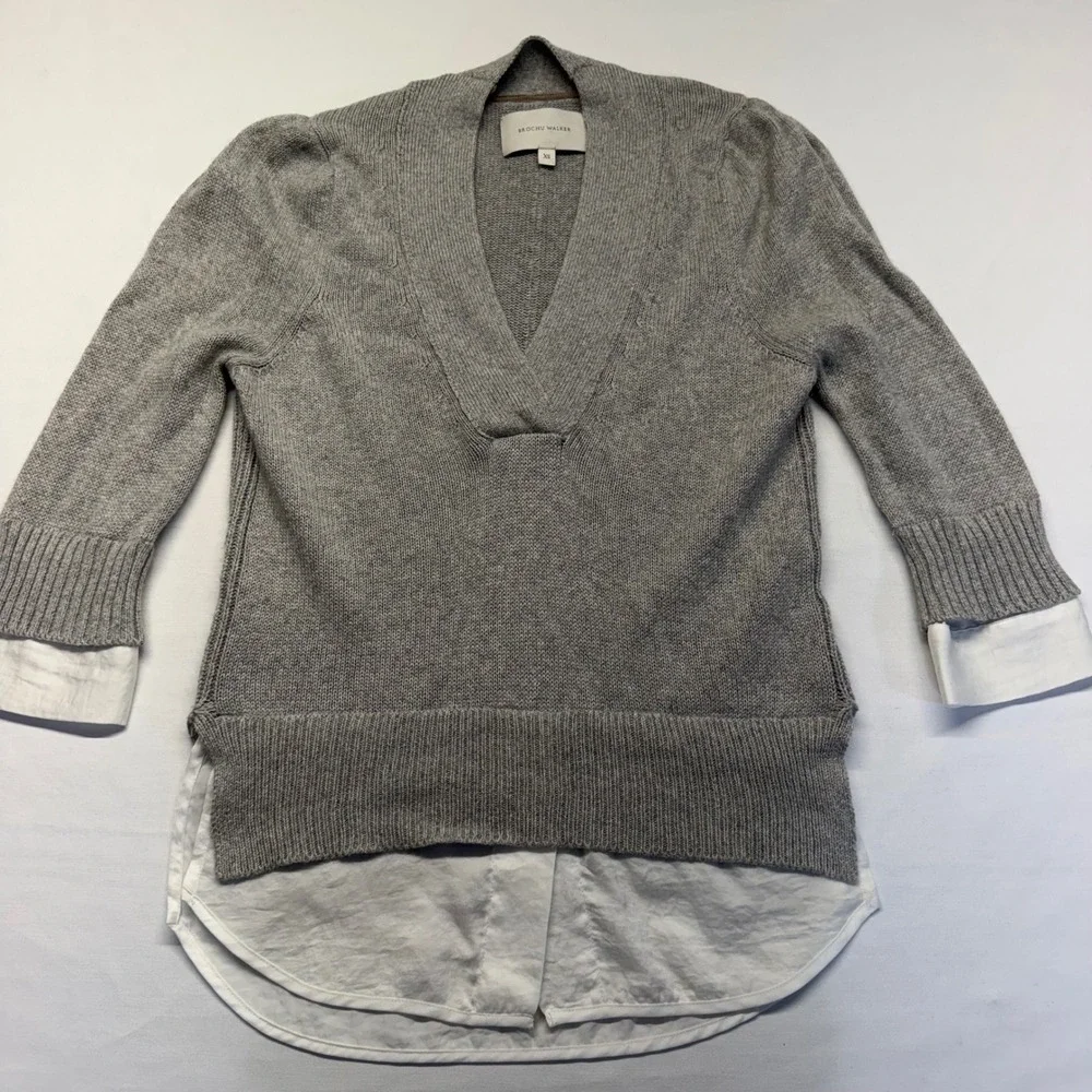 Brochu Walker Looker Layered Sweater XS Gray Cashmere Cotton V Neck 3/4 Sleeve